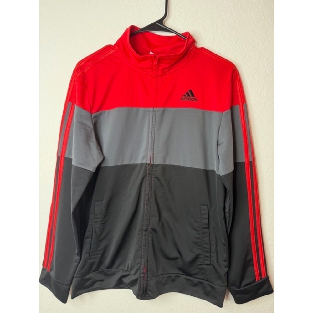 Adidas Track Jacket Mens XL Red Grey Black Colorblock Full Zip Tricot Striped
